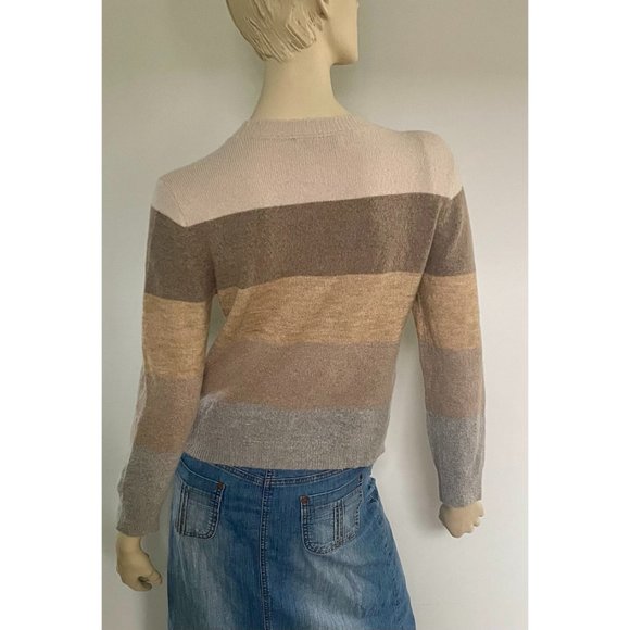 LOFT Sweater Fitted Wide Stripes, Size L/XL, Brown Beige Merino Wool Sweater - Picture 5 of 8